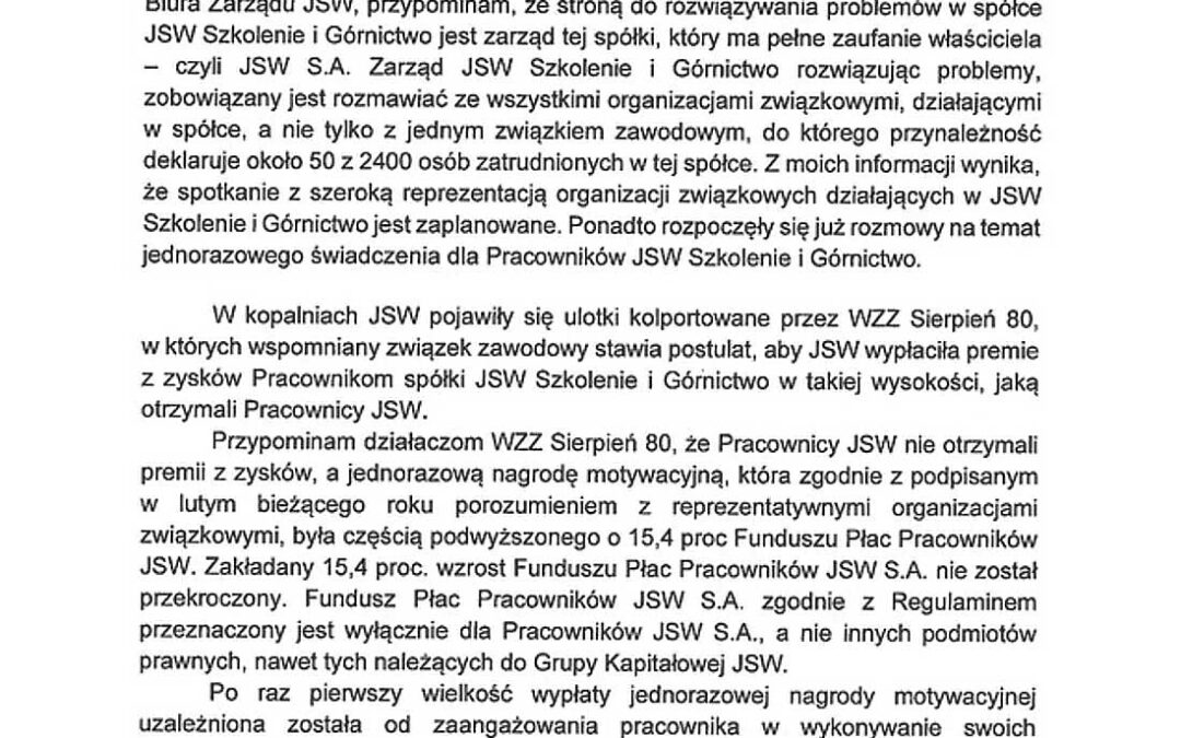 Oświadczenie Prezesa Zarządu Jastrzębskiej Spółki Węglowej S.A.